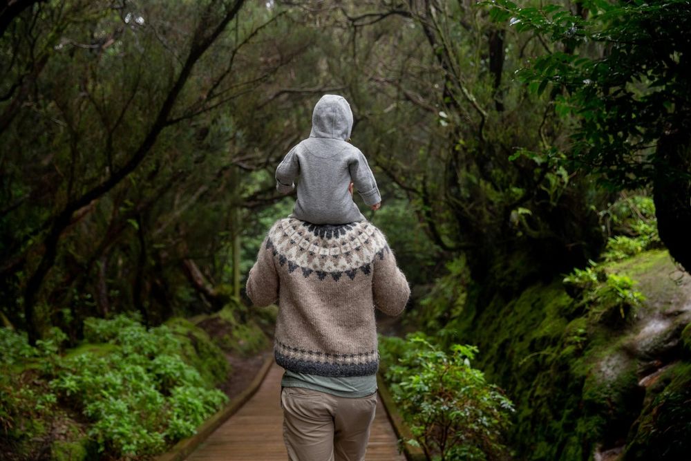 A photo of two people walking down a path with one person helping the other person