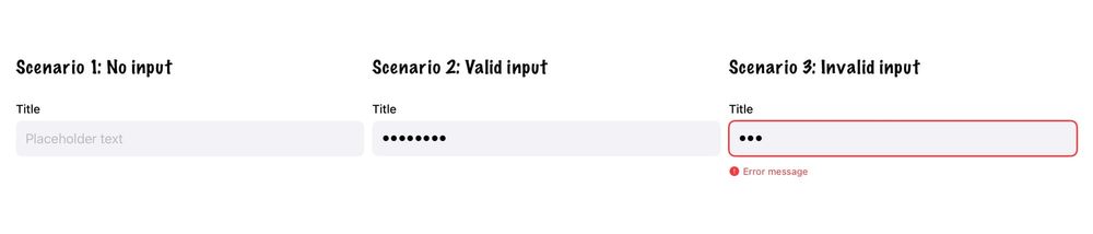 A mock-up of an input field showing three different scenarios: Scenario 1: No Input, Scenario 2: Valid Input, Scenario 3: Invalid Input
