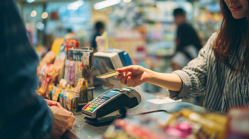 Customer handing credit card to cashier in Japan