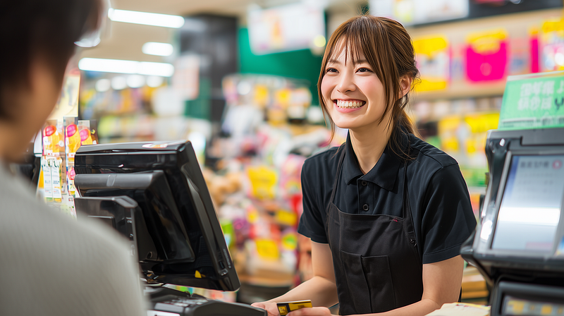 Cashier smiling at customer at register in Japan