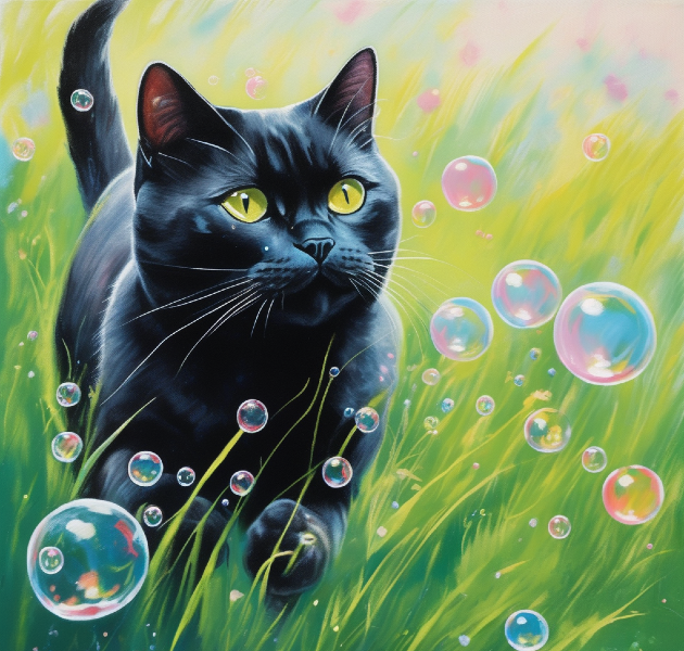 AI cat art of a black cat playing with bubbles, custom cat art from pugmug.ai