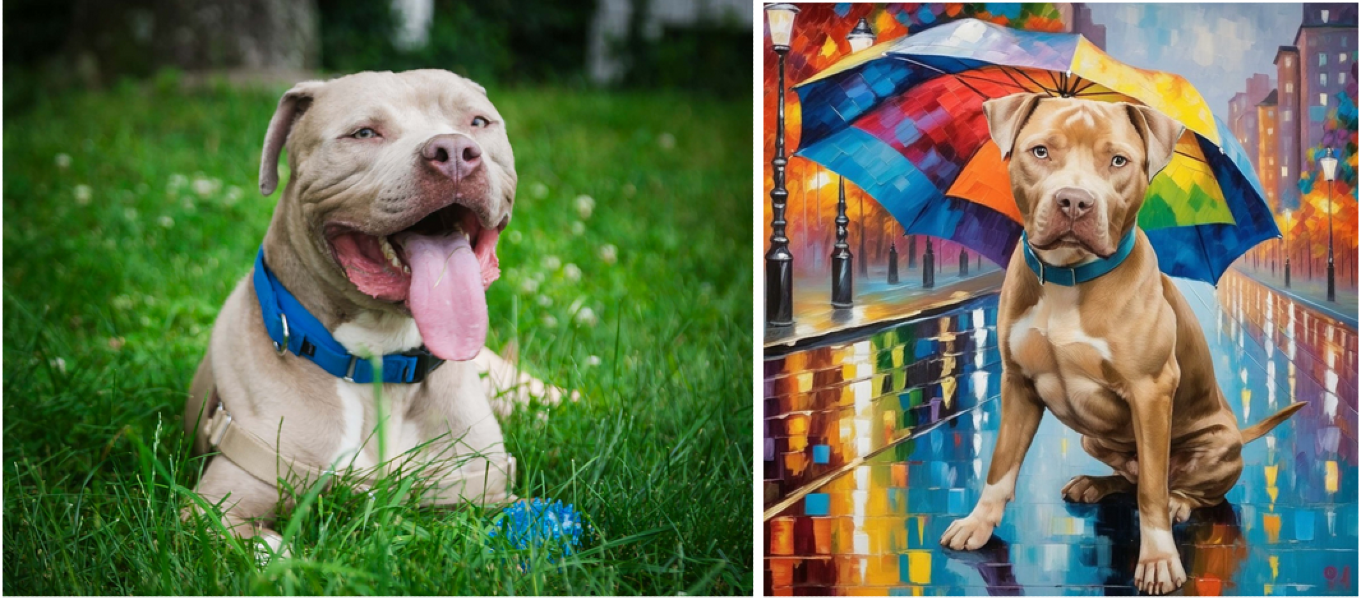 Side-by-side photograph from Second Shot and AI dog portrait of Squishmallow, a rescue dog