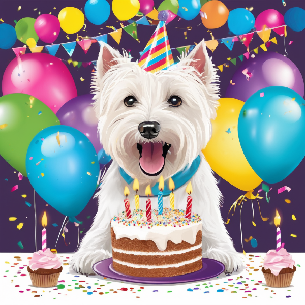 AI-generated dog art of a happy dog on their birthday from pugmug.ai