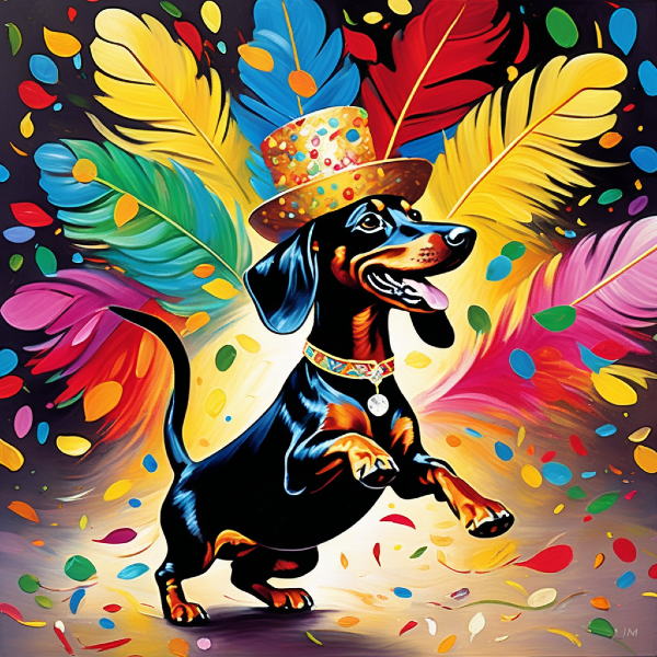 AI pet art of a laughing dachshund dog at a carnival, custom dog art from pugmug.ai