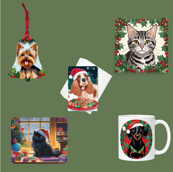 Collage of custom pet products from PugMug.ai: ornament, mouse pad, mug, greeting card, and poster