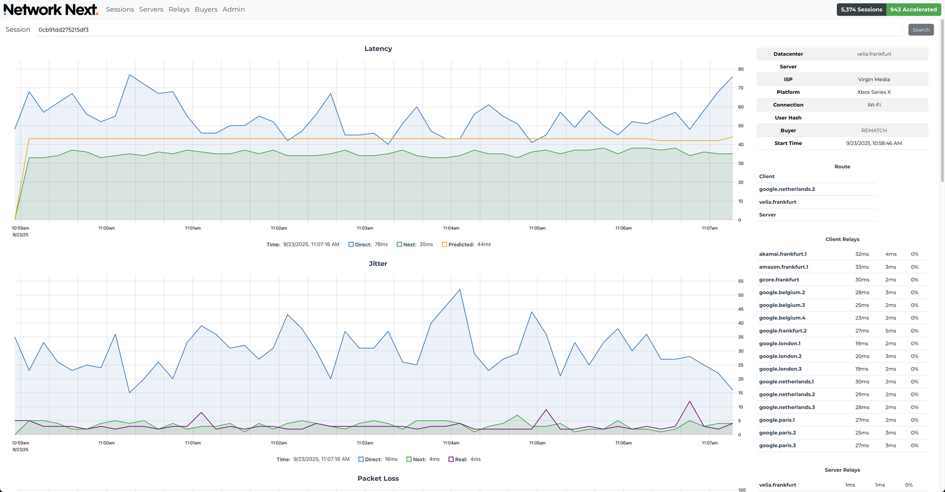 A player in the UK having latency and jitter reduced to the game server in Frankfurt