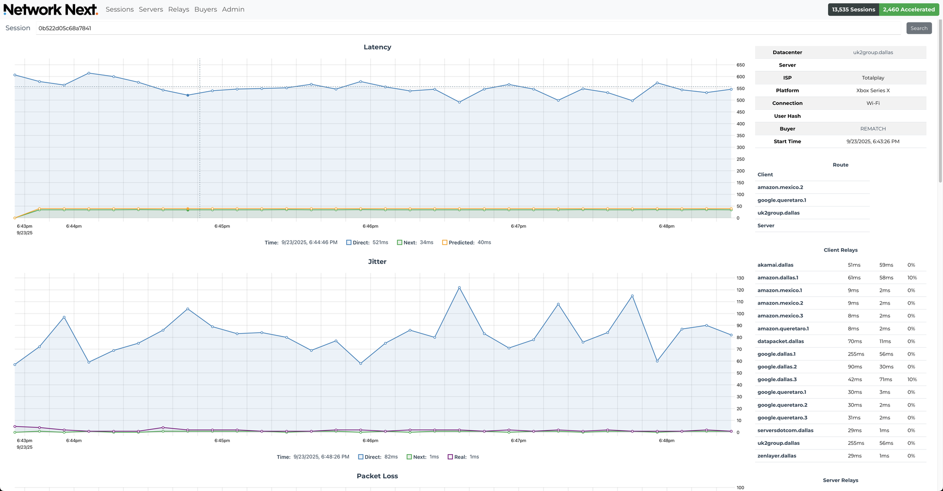 network stats for a player in Mexico playing on servers in Dallas for REMATCH