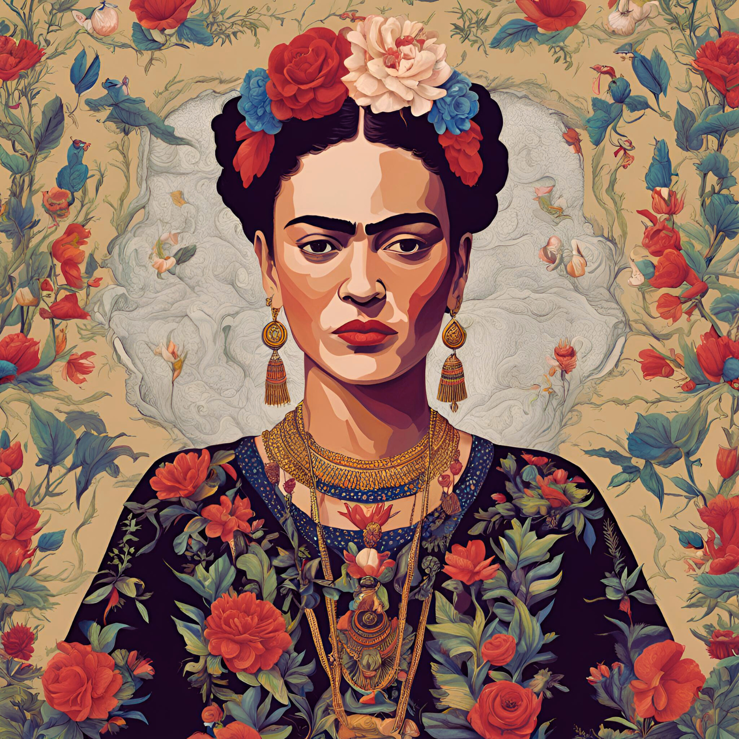 AI-generated portrait of Frida Kahlo.