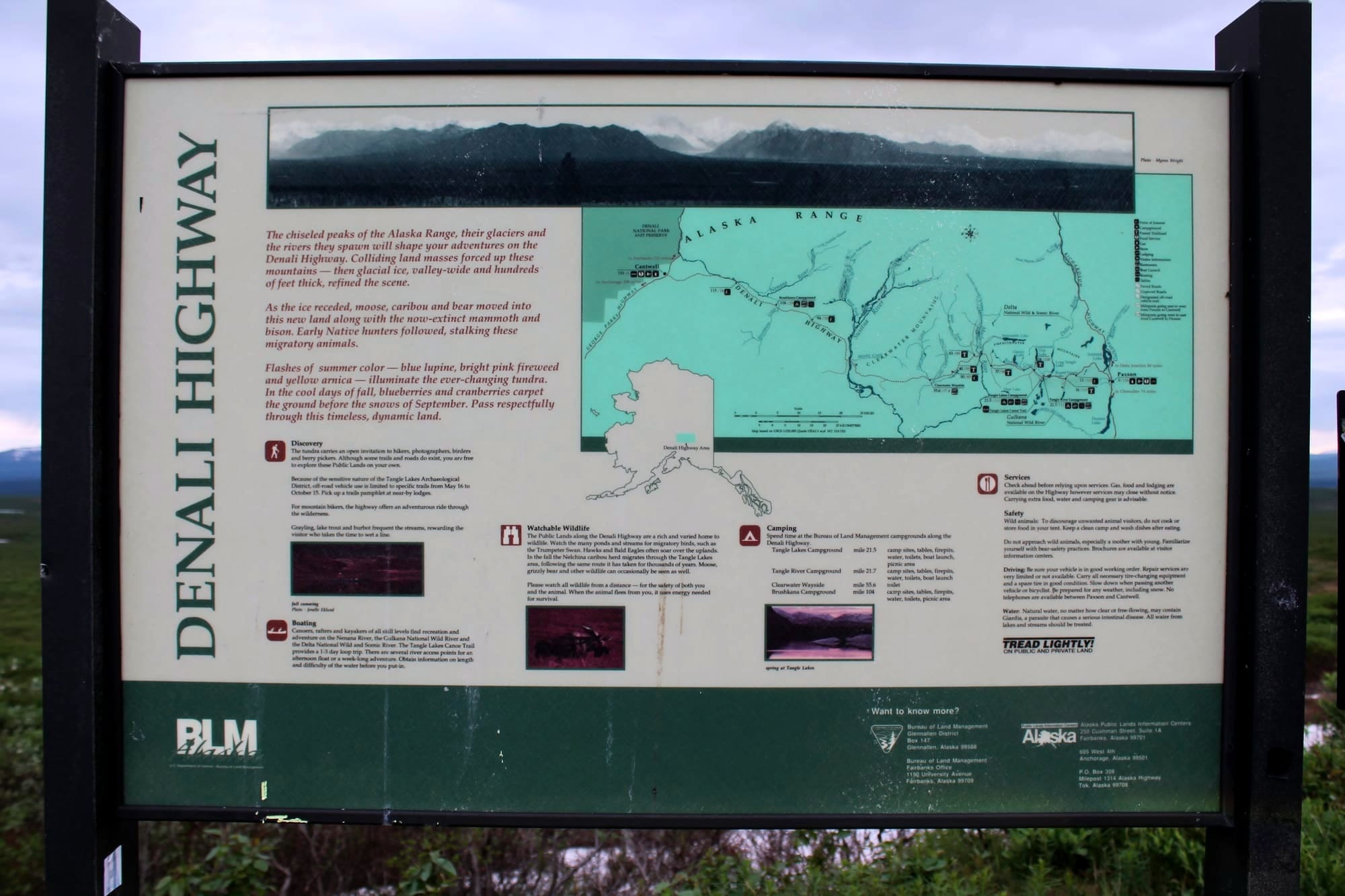 Denali Highway Alaska information board with map and travel details