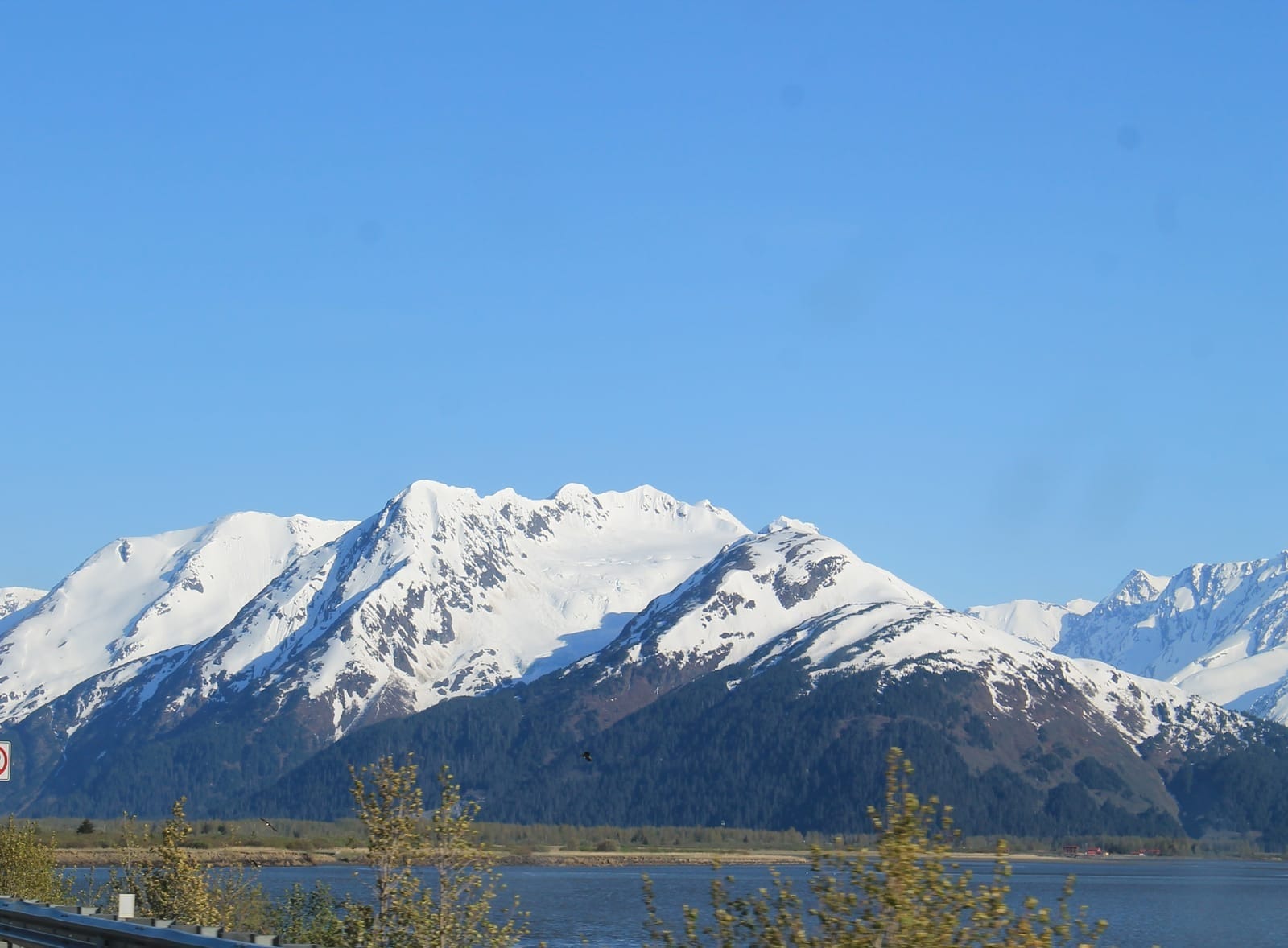 Snow-covered mountains rising above Turnagain Arm along Alaska's Seward Highway.