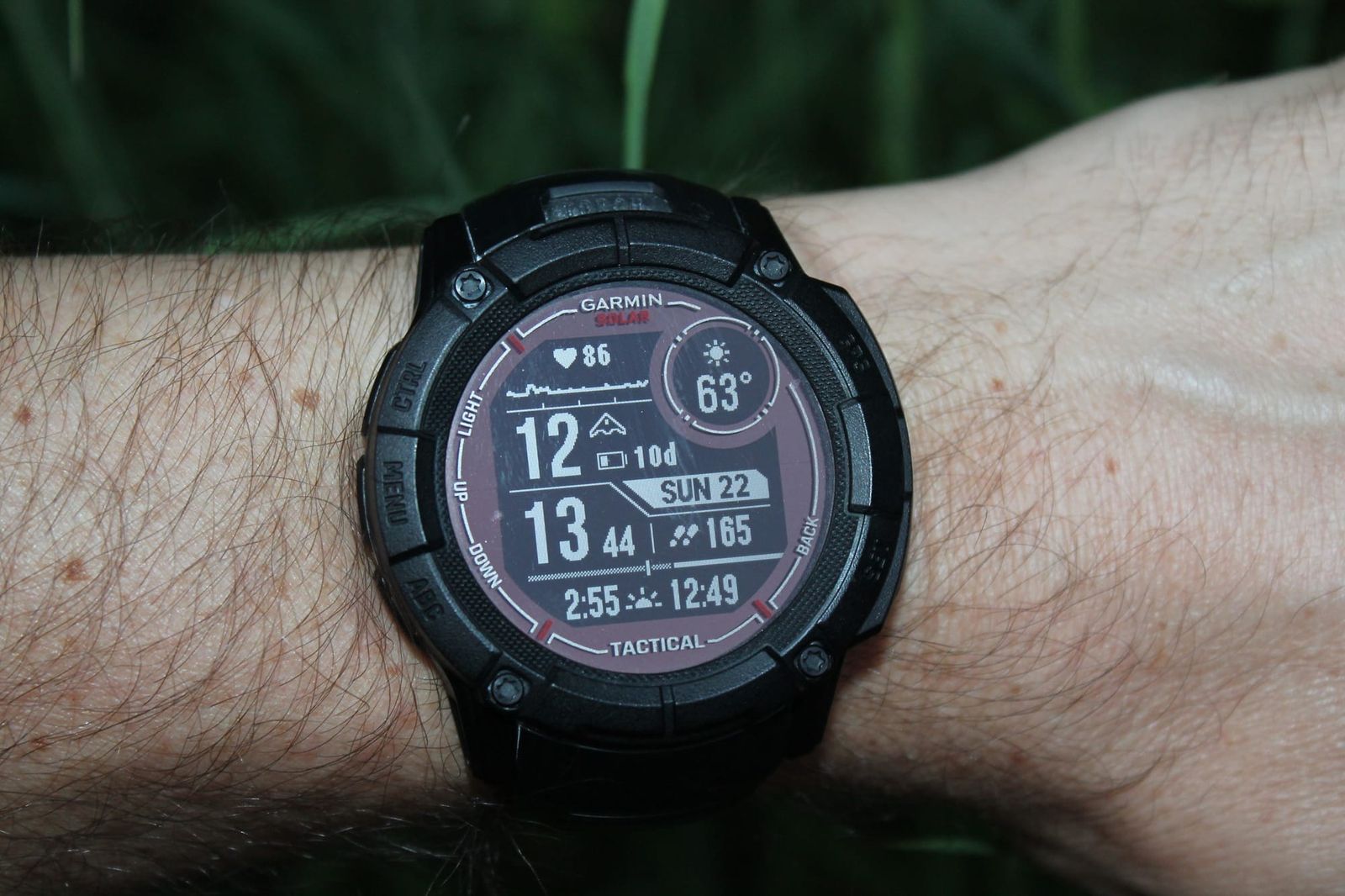 Garmin solar GPS watch showing sunrise and sunset times during Alaska summer solstice