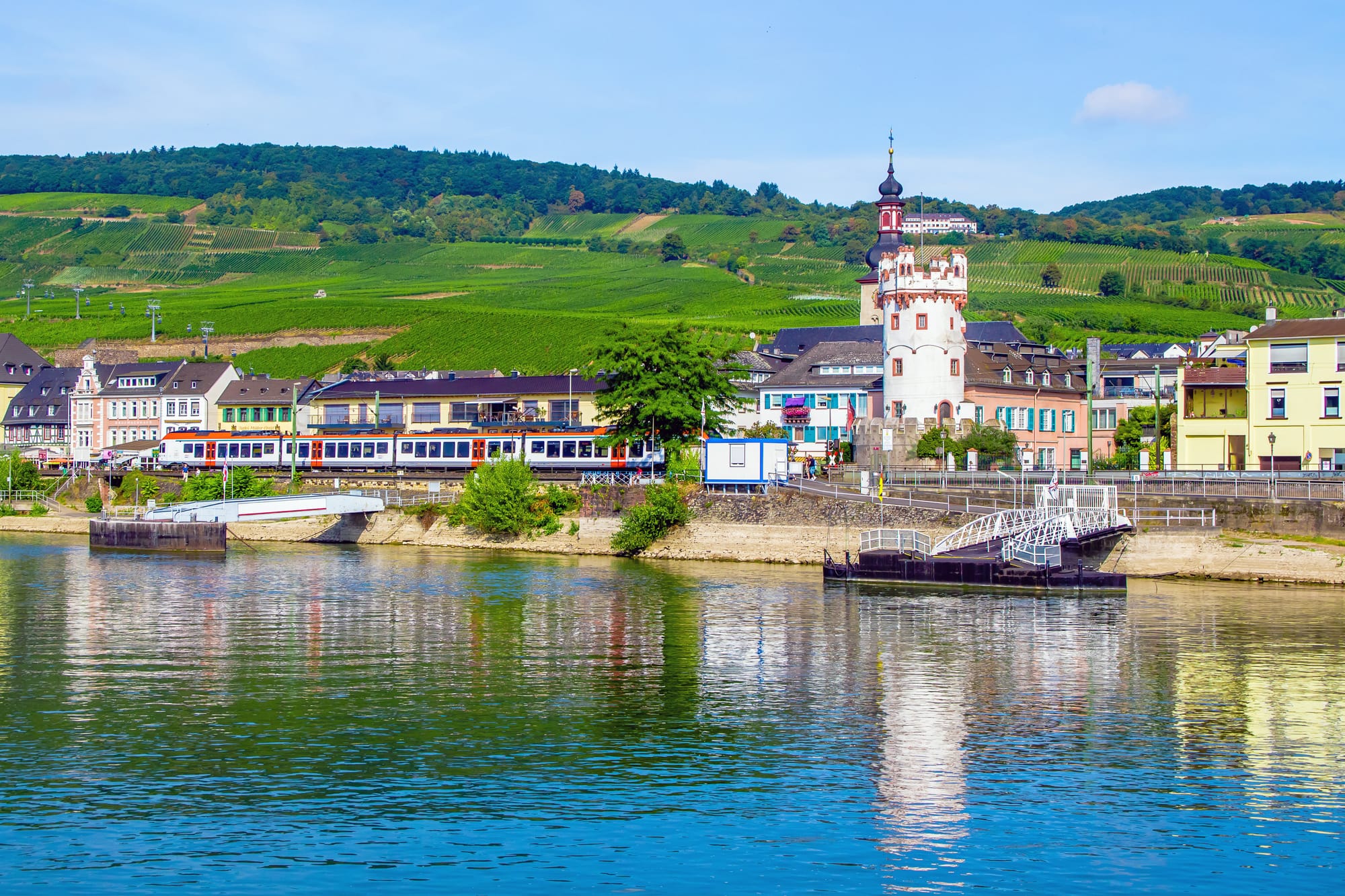A view of Rudesheim from across the river, with rolling green hills in the background