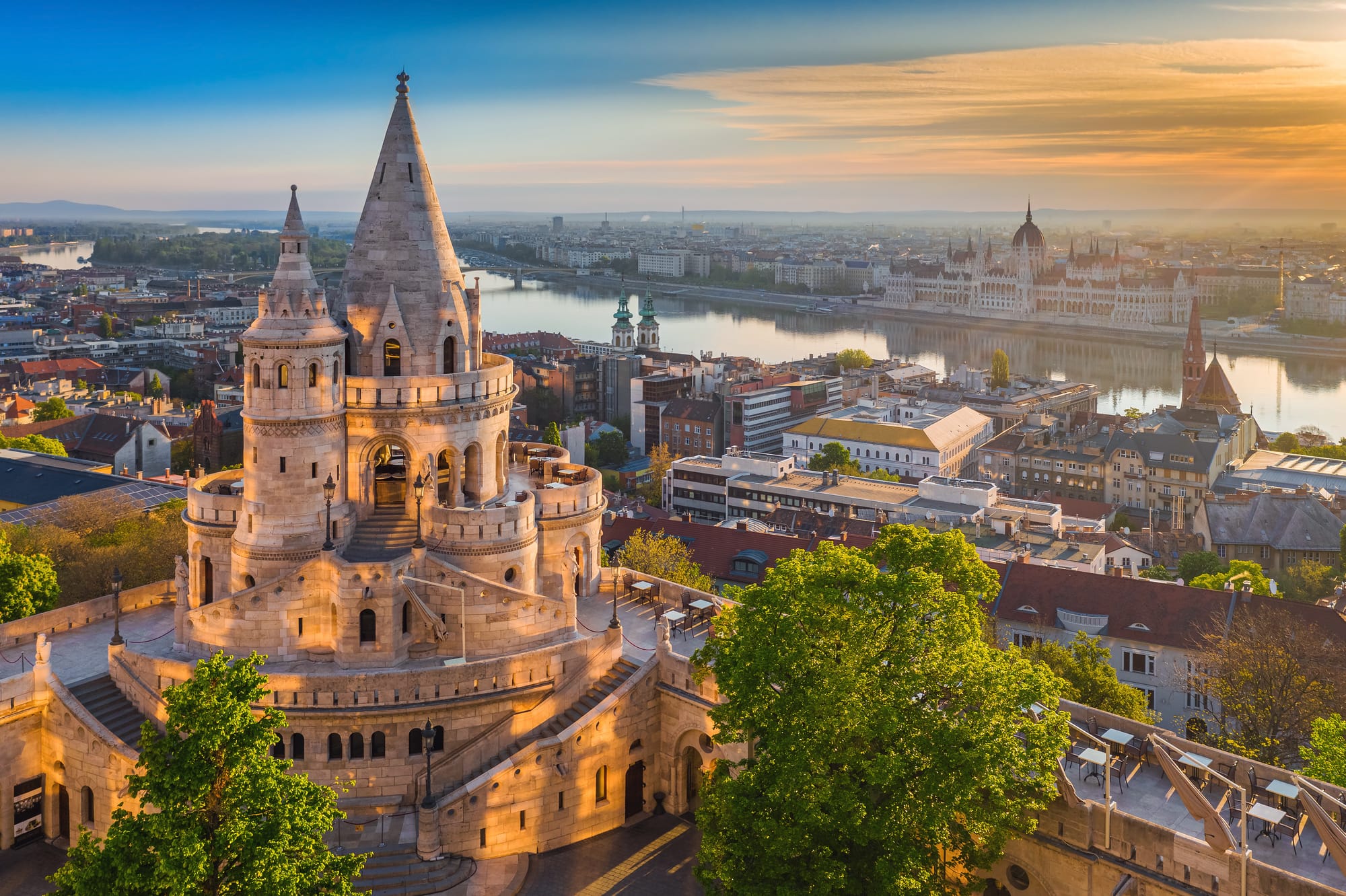 A view of Budapest during sunset from above