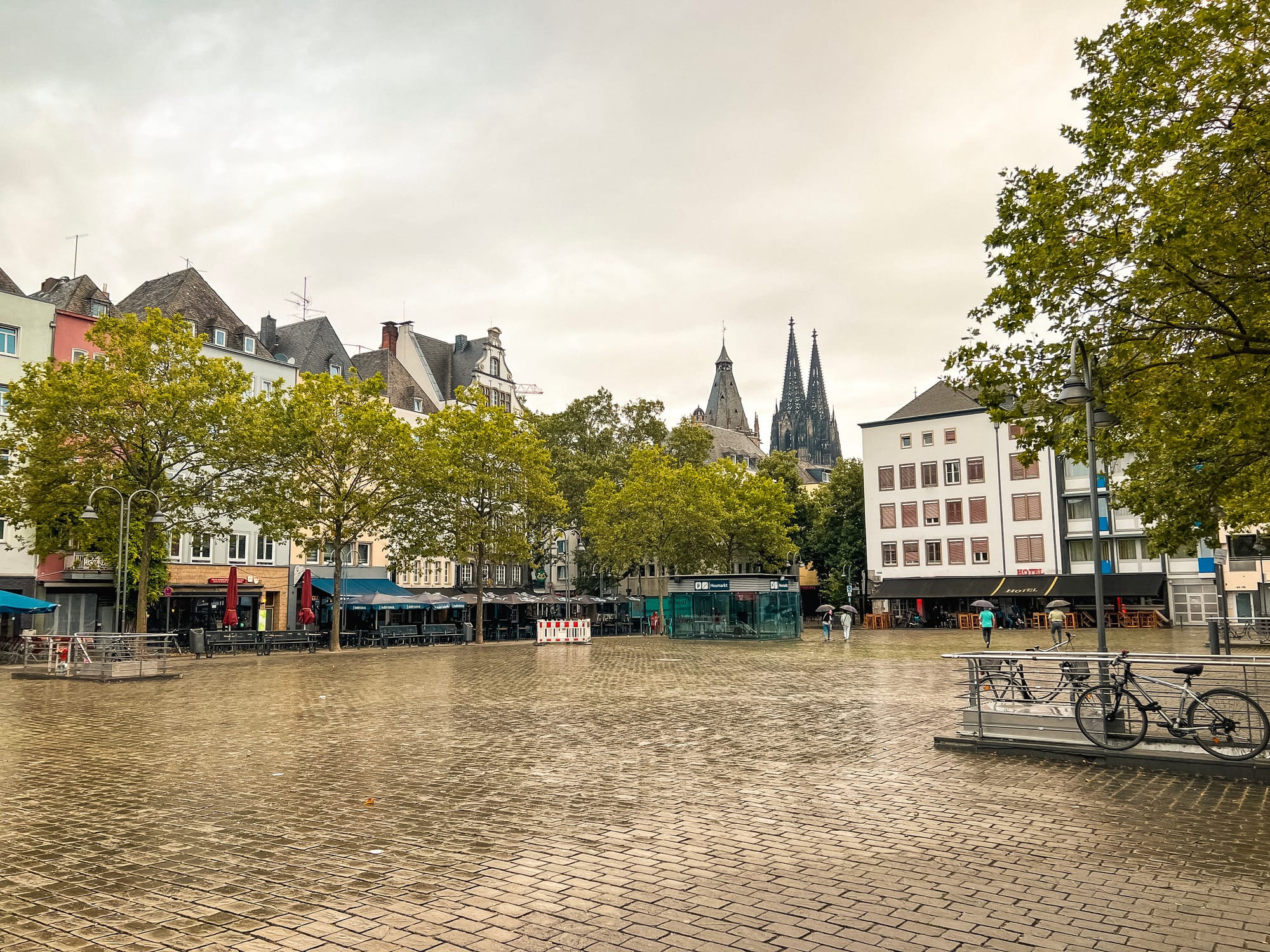 A town square during an overcast and rainy day