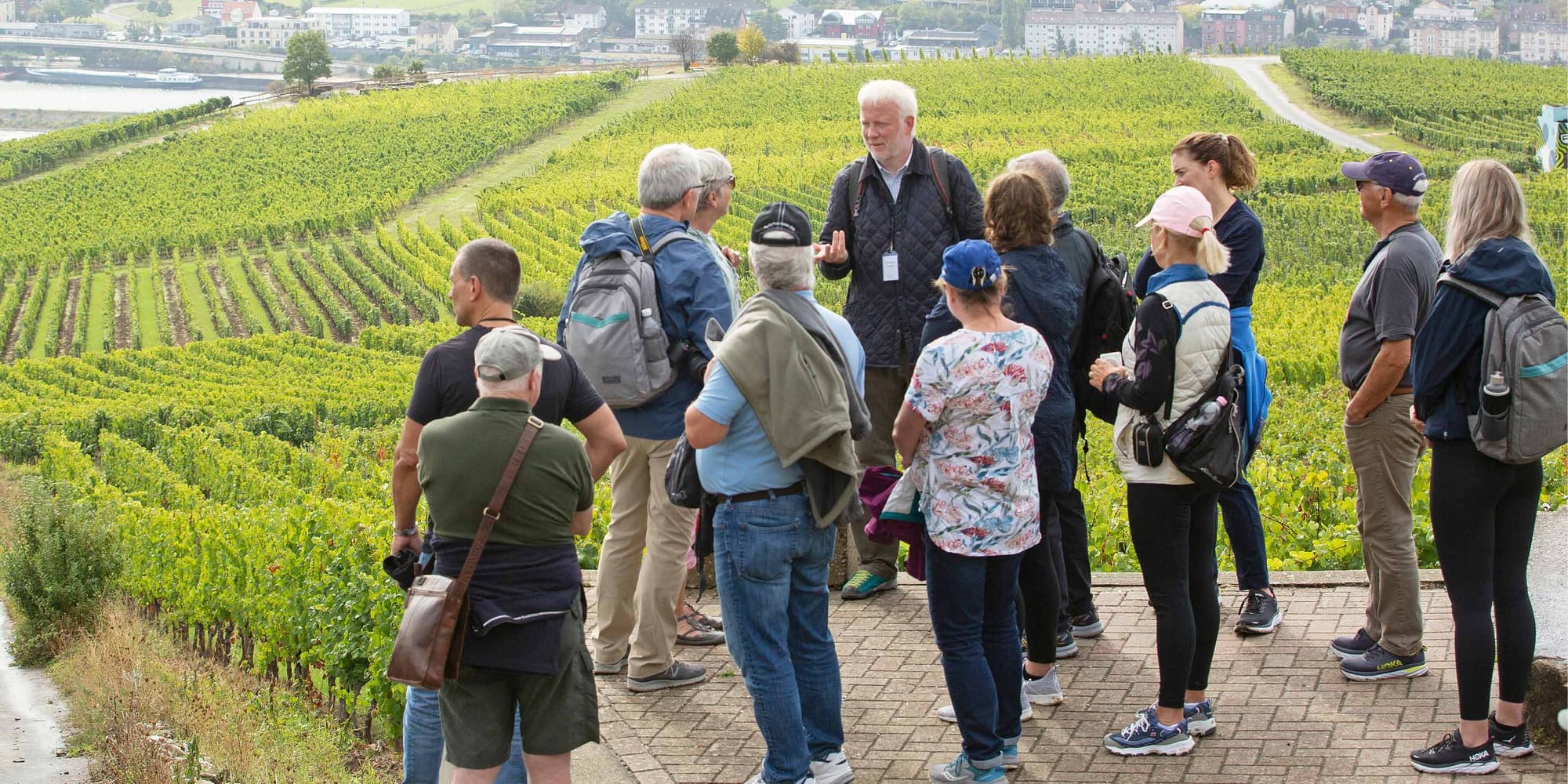 An older group of people talking in a group overlooking a vineyard