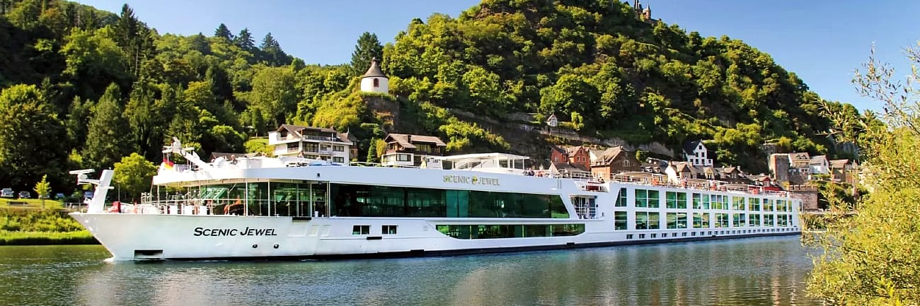Scenic Jewel cruising down a scenic stretch of the Rhine River