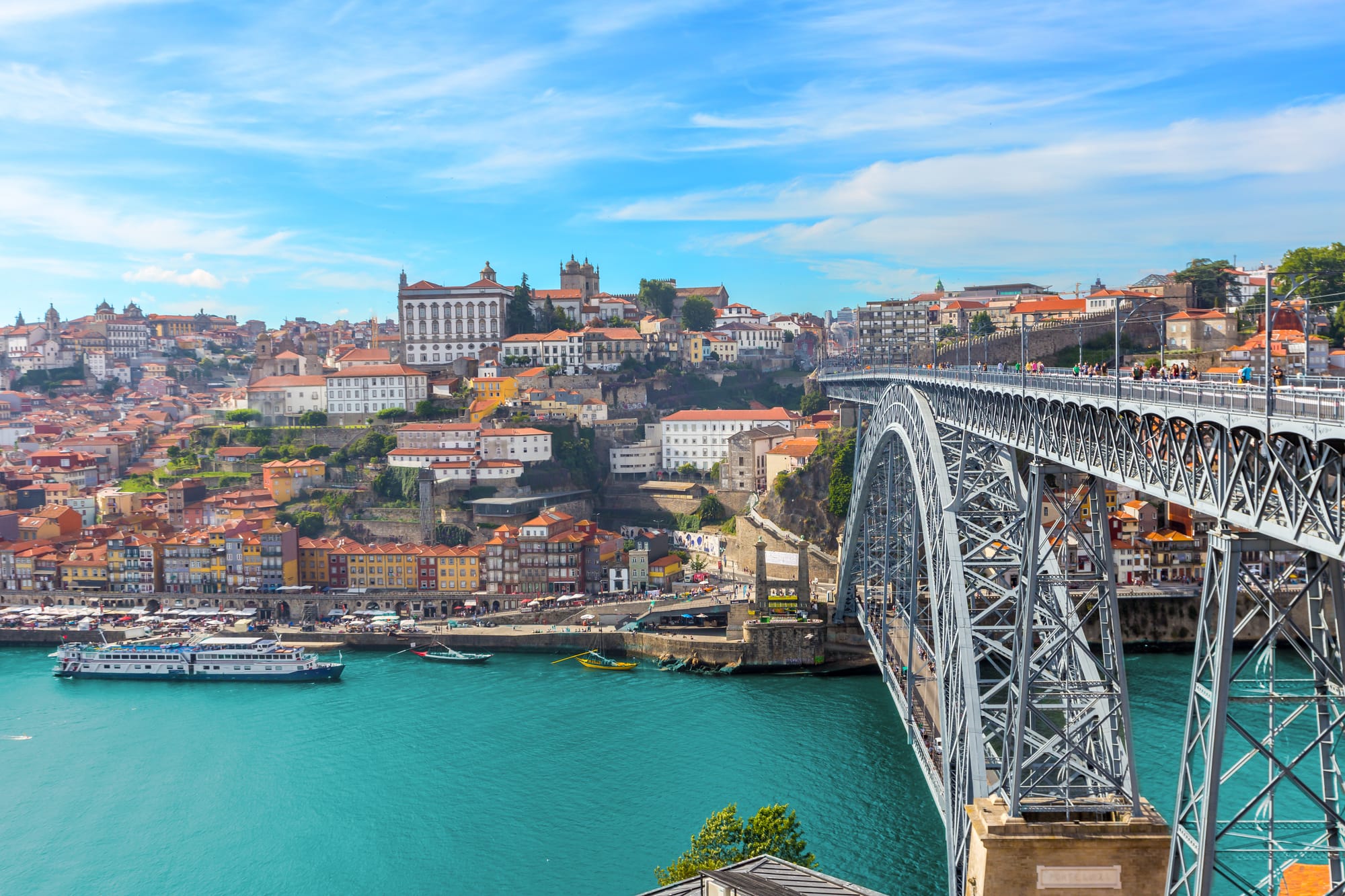 A view of a hilly Portuguese city with a two-deck bridge in the foreground