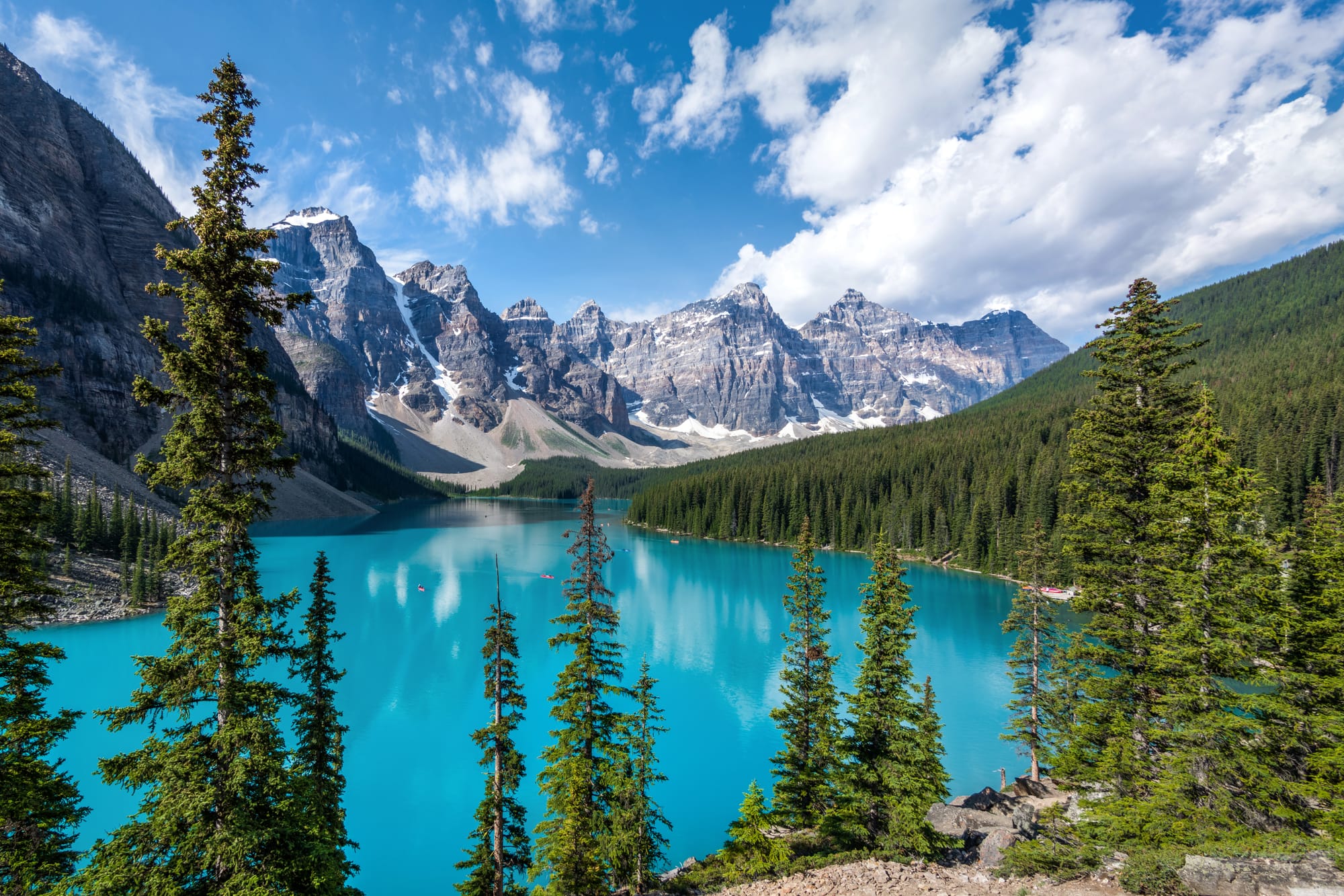 A vibrant image of a blue lake surrounded by tall trees, with mountains in the background, in the Canadian Rockies