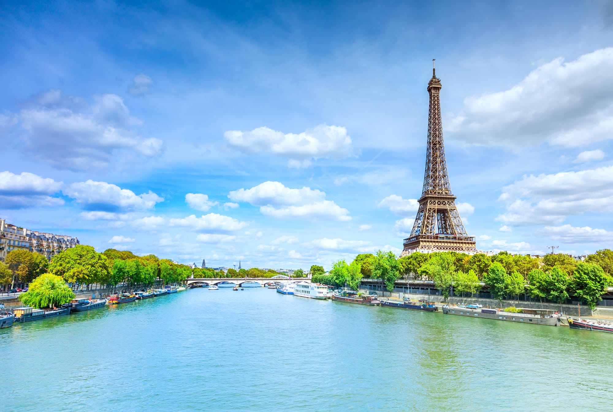 A view of the Eiffel Tower from the Seine in Paris