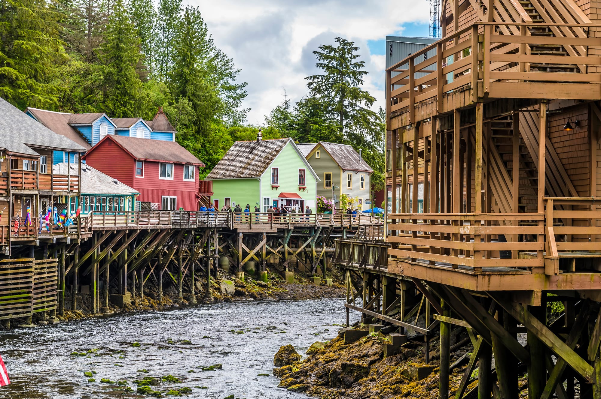 An image of a waterfront boardwalk on stilts in Alaska