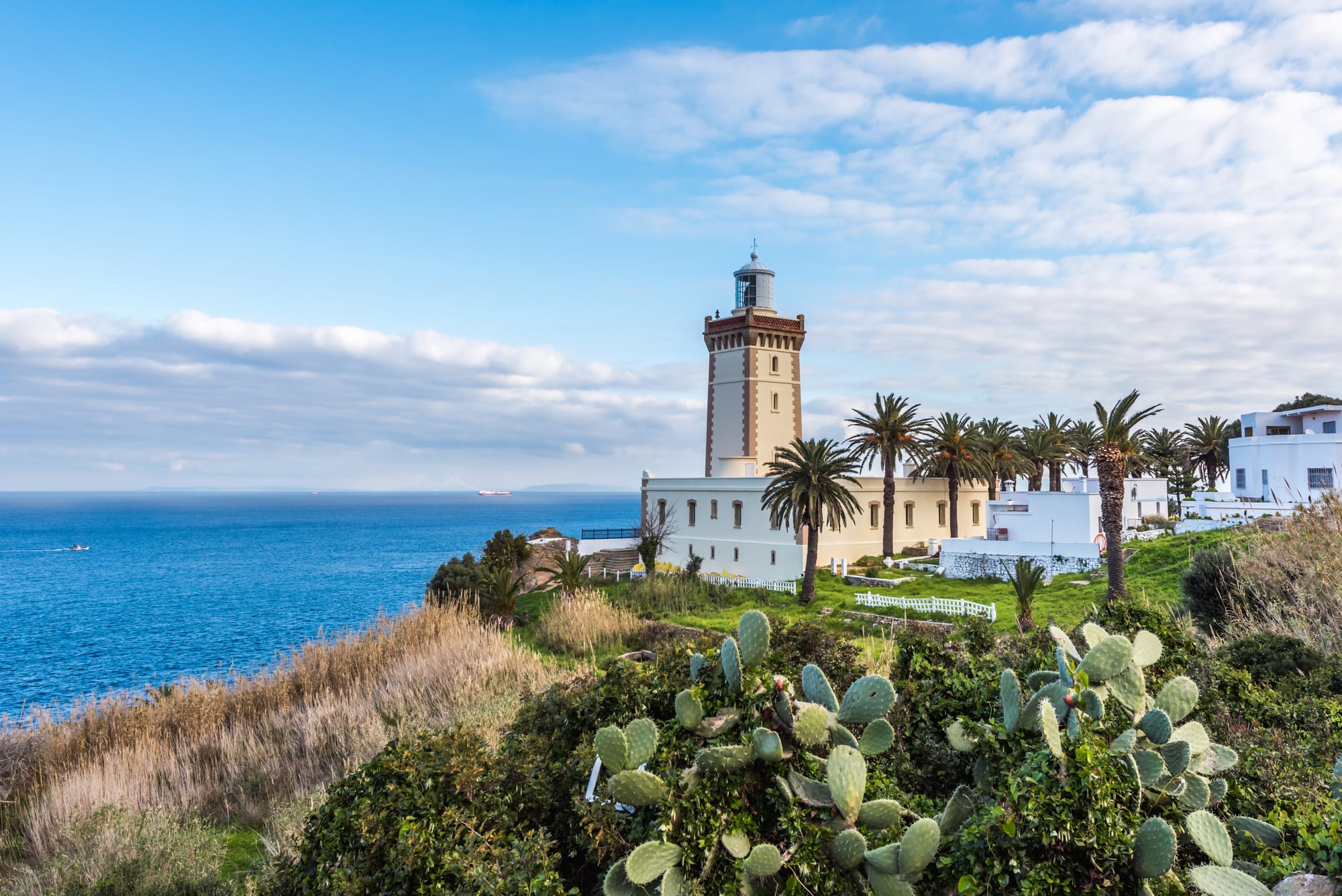 An image of a lighthouse at Cape Spartel in Tangier, Morocco on a sunny day