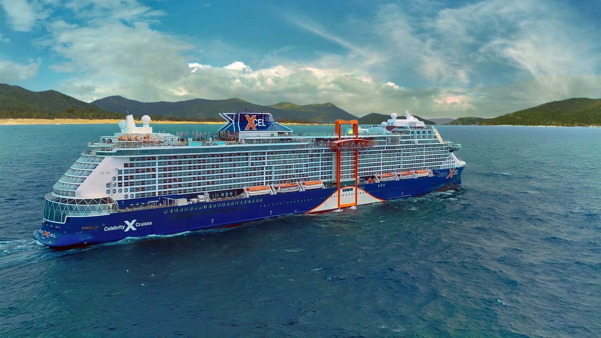 An image of a Celebrity Edge Class cruise ship, side on in the Caribbean