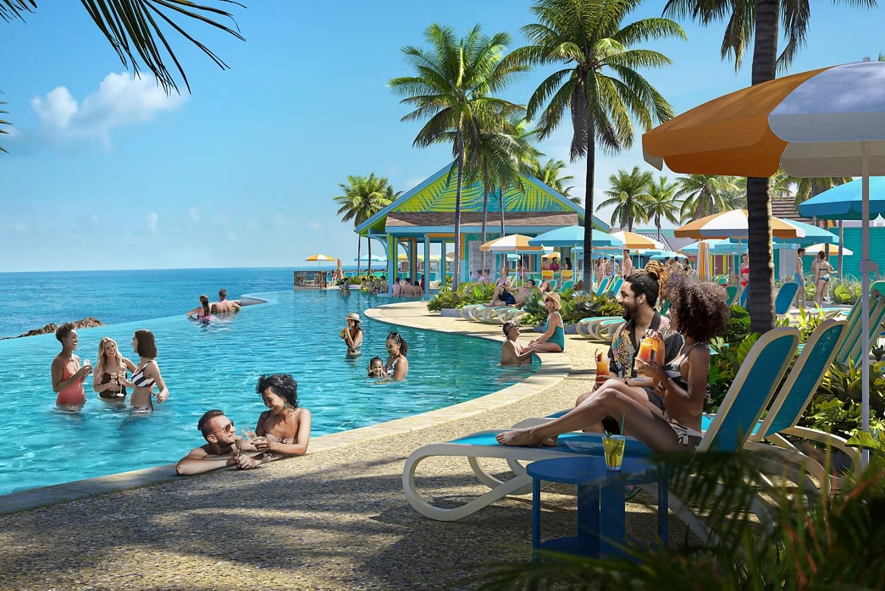 A render of holidaymakers enjoying a pool at Royal Beach Club Paradise Island, standing in a pool with drinks and lounging with cocktials