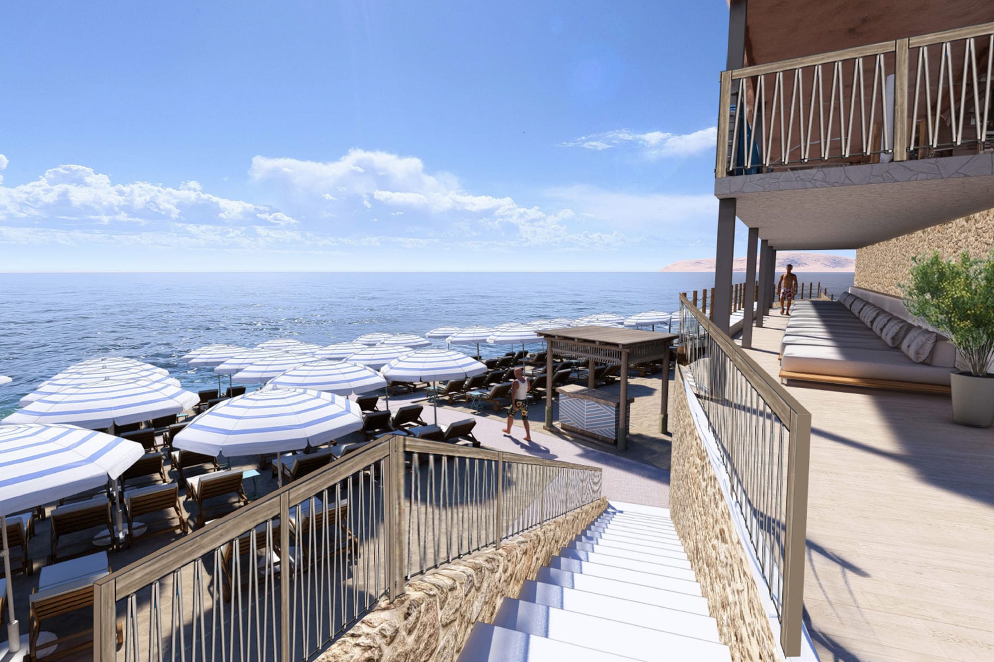 A render of a beachfront area of Royal Beach Club Santorini, with shaded sun loungers and calm waters