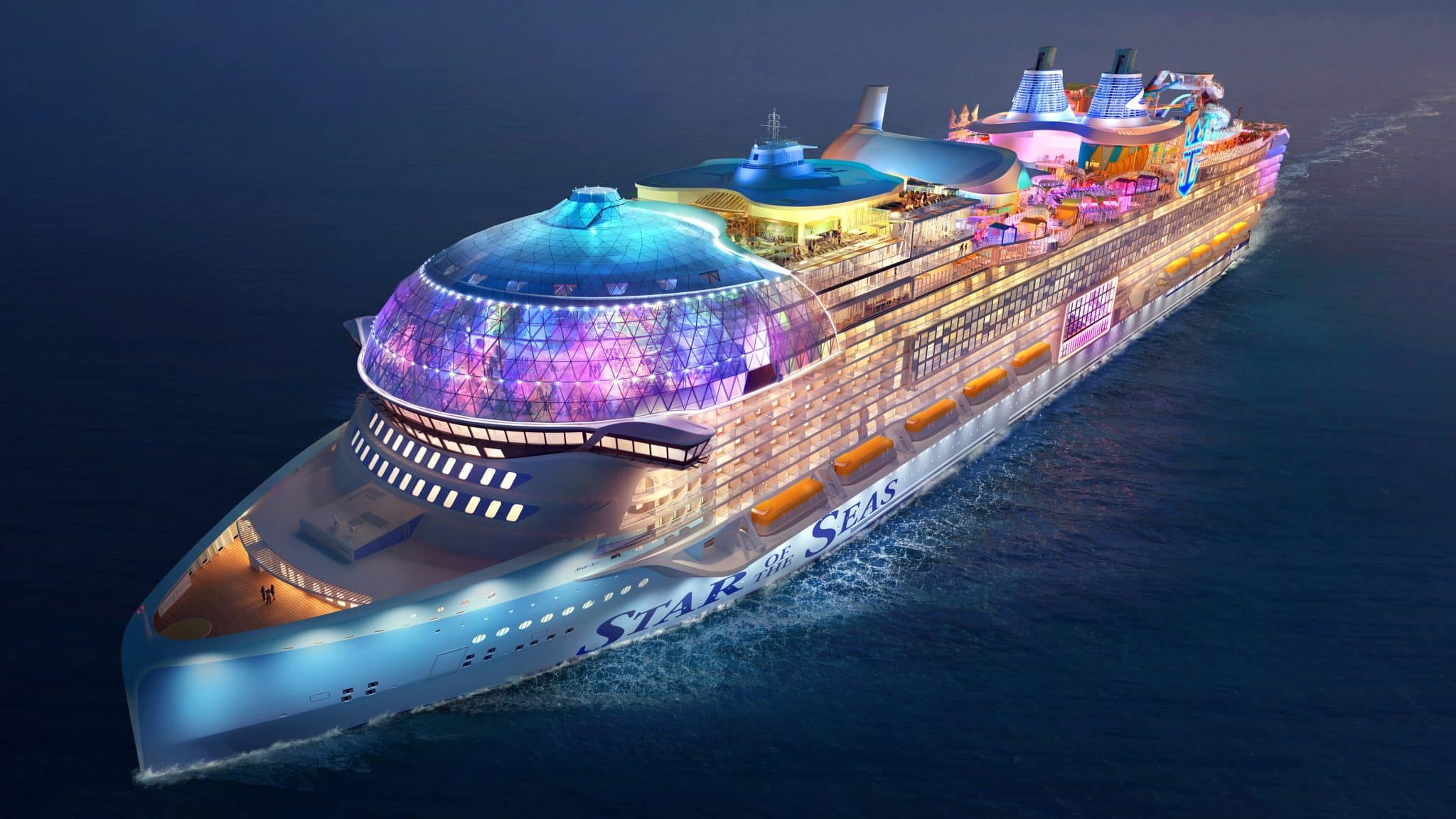 A render of a cruise ship at night with bright lights on every deck
