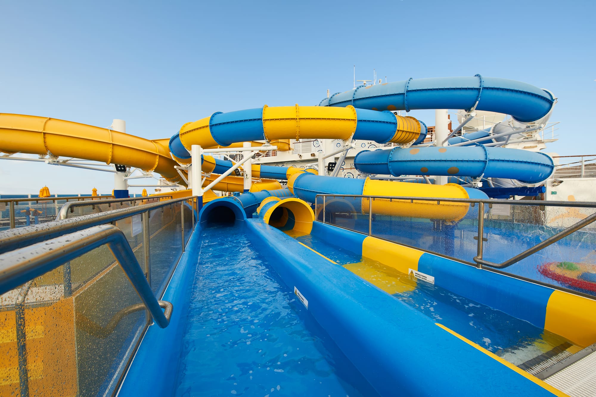 The exit of two twisting water slides
