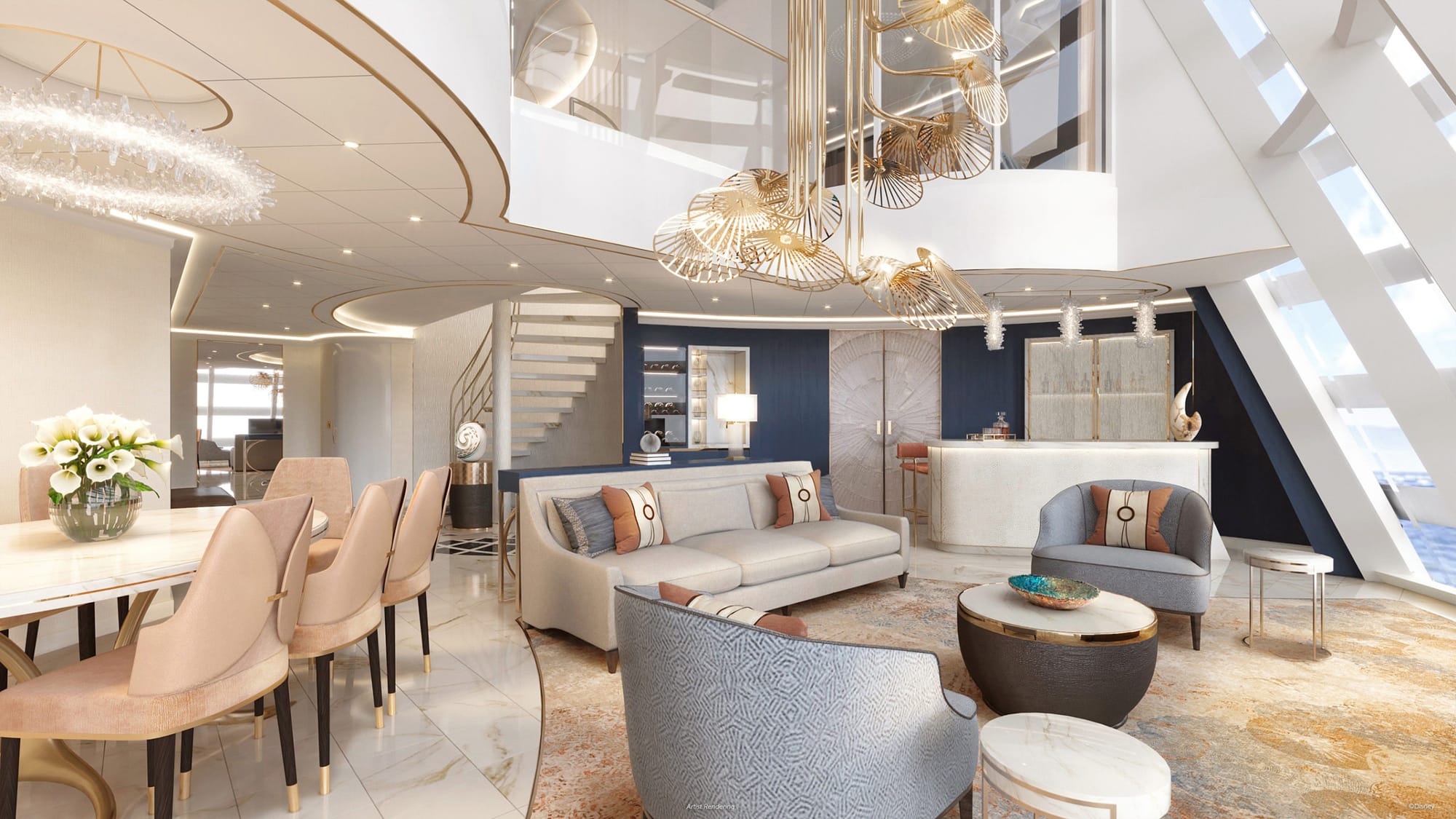 A huge living area with a sofa, dining table, and upstairs bedroom space