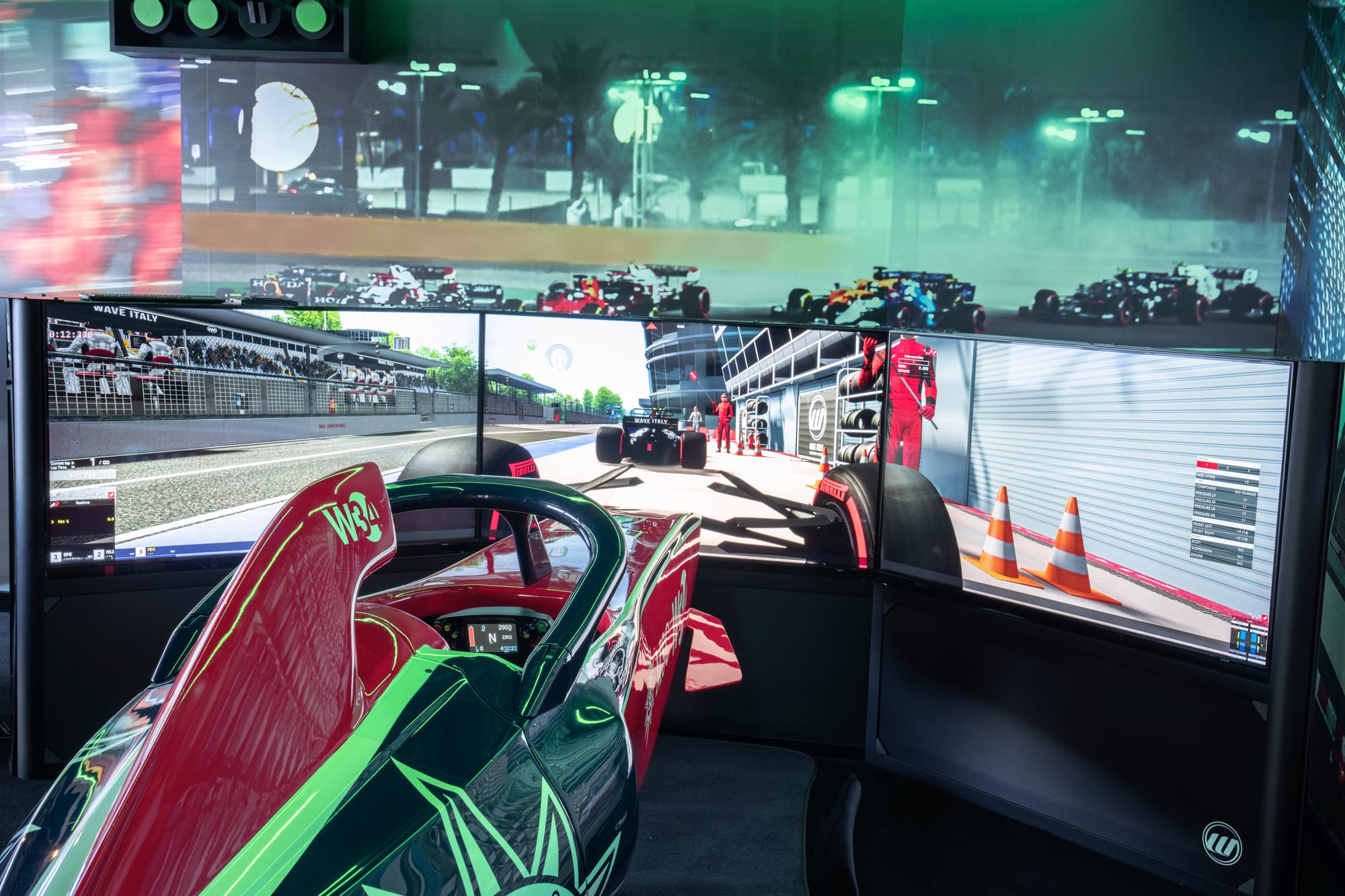 A formula one simulator with three screens