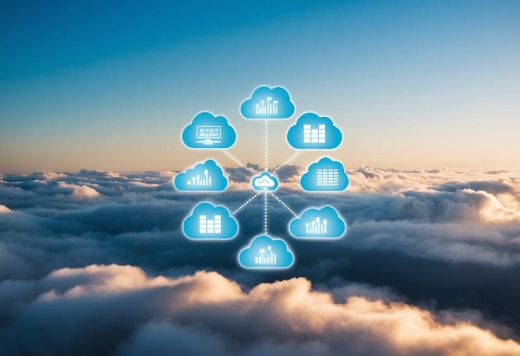 A series of interconnected clouds forming a network, with data being transferred between them