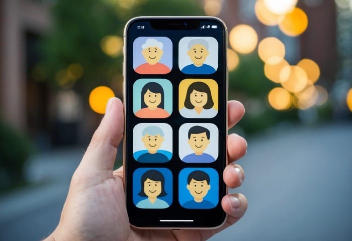 A smartphone screen with large icons of family member's faces for easy access