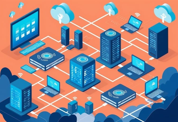 A series of interconnected devices and servers sharing data and resources wirelessly, representing cloud computing in action