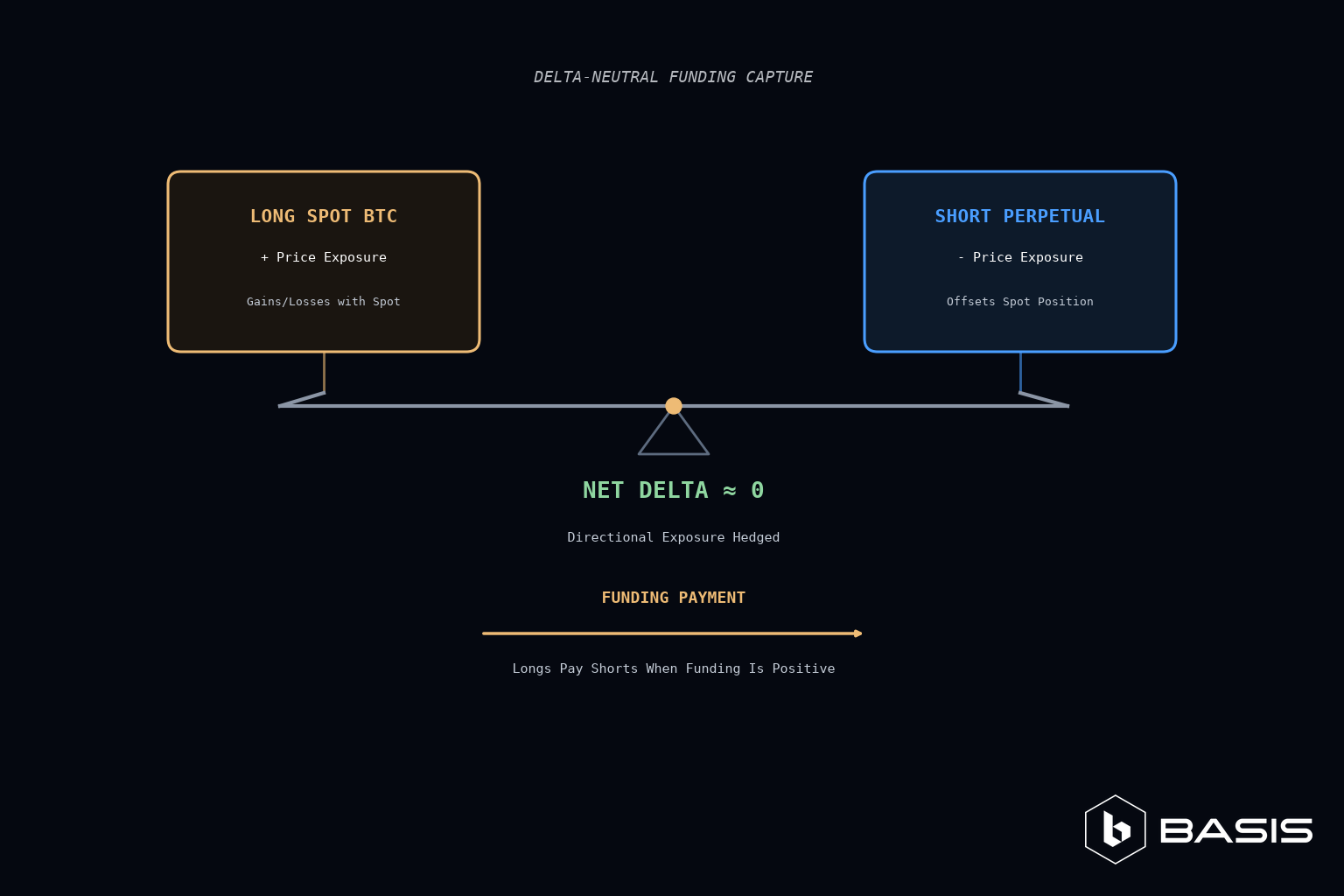 Delta neutral funding capture diagram, long spot Bitcoin against short perpetual future