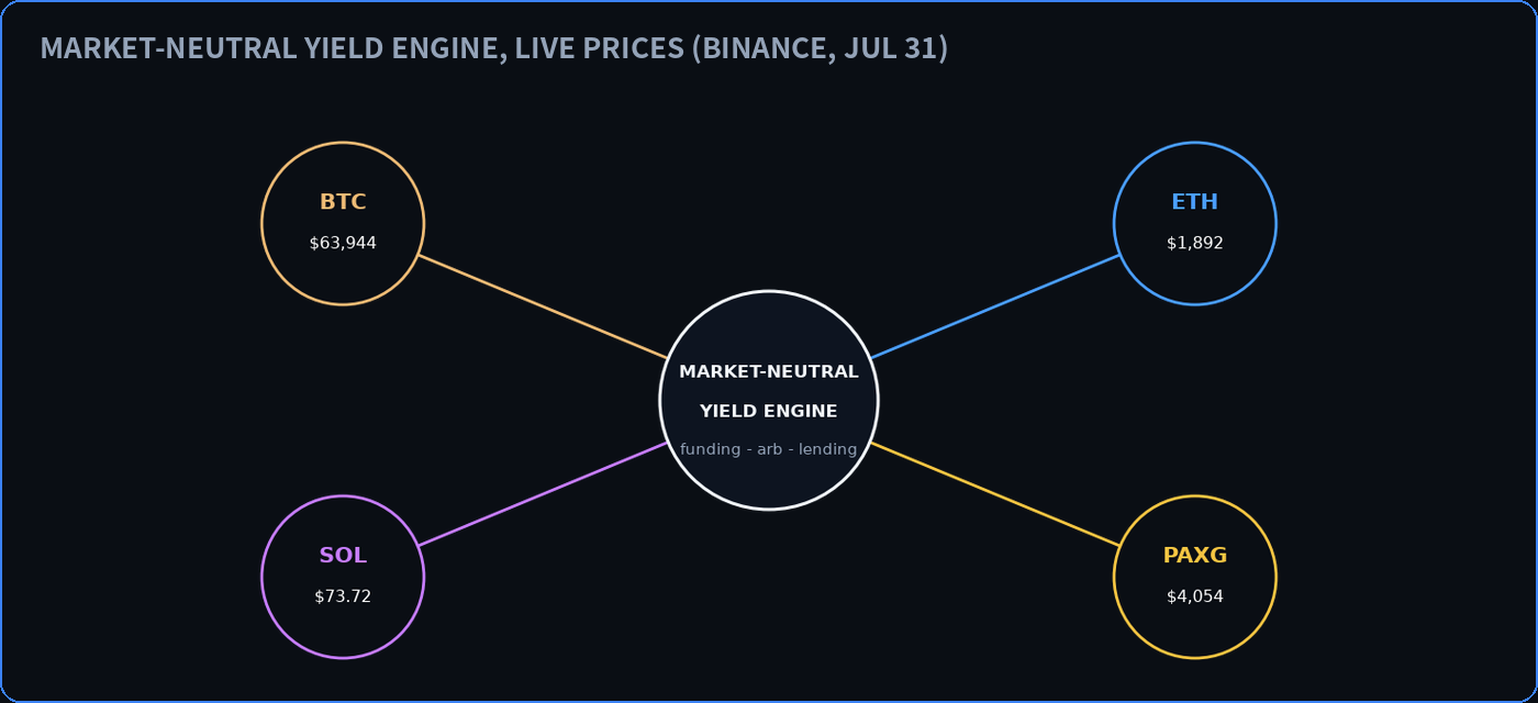 Market-neutral yield engine with BTC ETH SOL PAXG