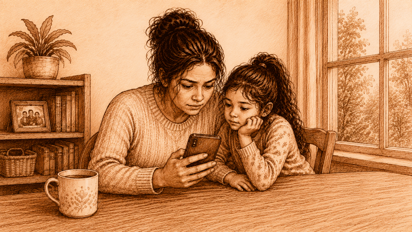 Sepia illustration: Sonia sits at her kitchen table with her young daughter leaning against her, the two of them looking at a phone screen together, a mug and a shelf of family photos nearby.