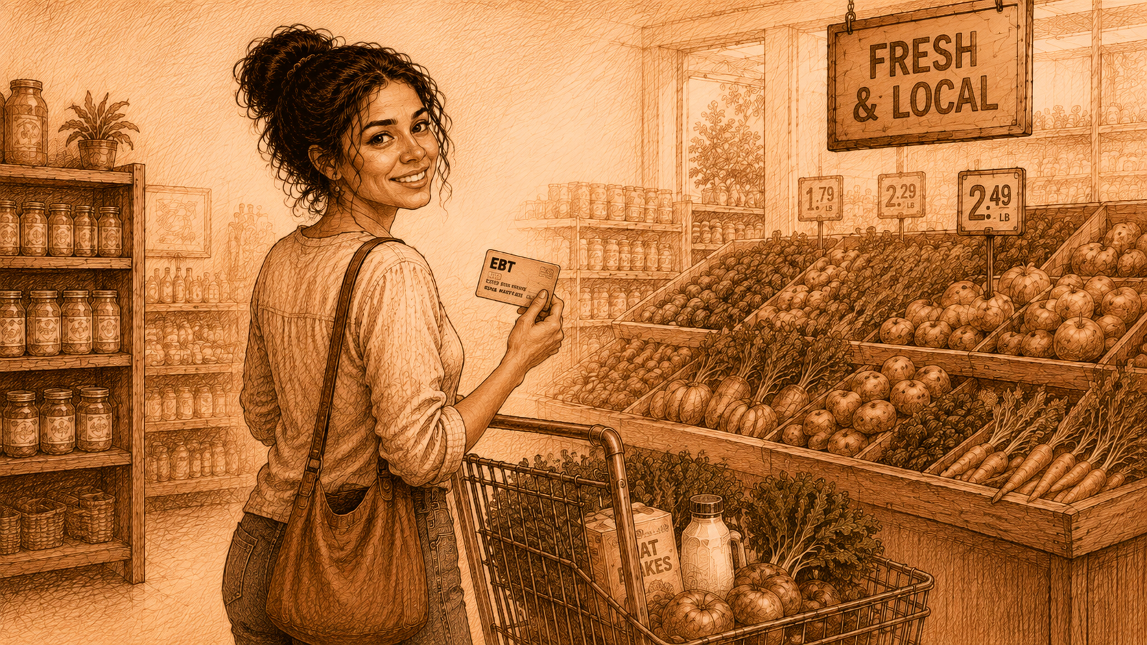 Sepia illustration: Sonia looks back over her shoulder with a smile in a grocery aisle, holding up her EBT card, her cart filled with produce.