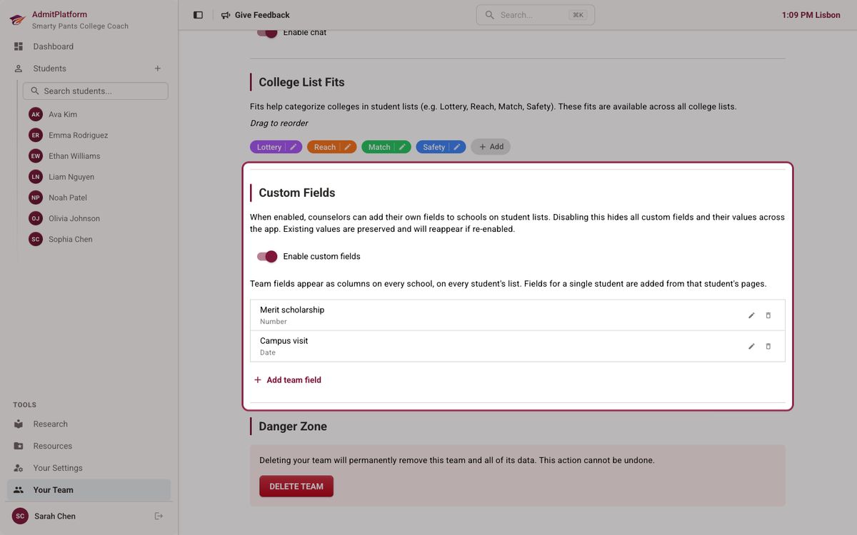 Track everything with custom fields on college lists