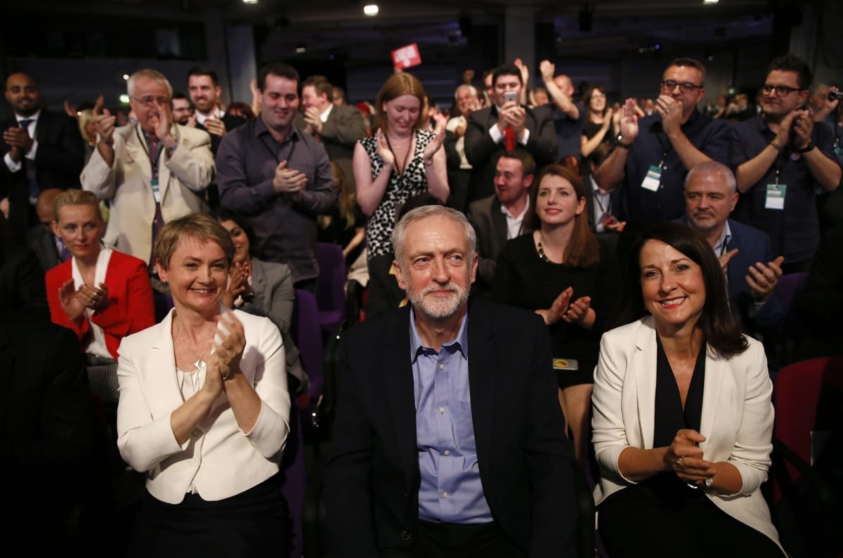 Jeremy Corbyn announced as Labour leader as rivals Yvette Cooper and Liz Kendall applaud, smiling through gritted teeth
