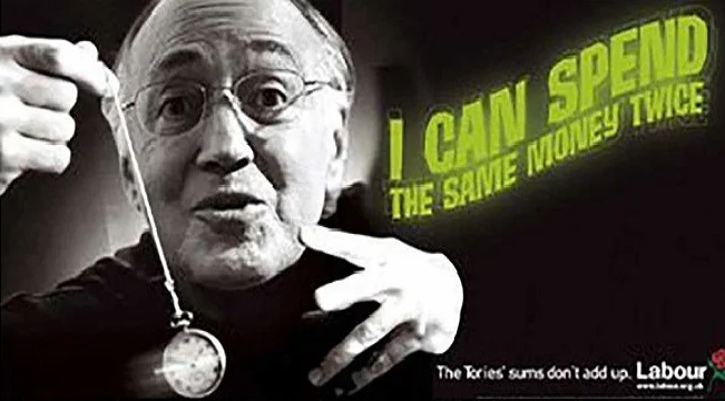 A poster depicting Michael Howard depicted in a cloak, waving a pocket watch beside the text "I can spend the same money twice."