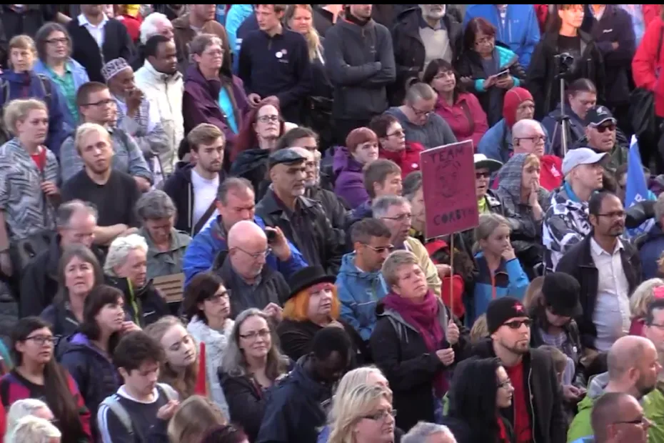 Myself and my partner Jane Watkinson near the front of a large diverse Jeremy Corbyn rally at Sheffield City Hall.