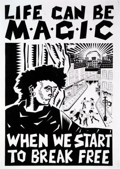 Circa 1980s anarchist sticker with artwork depicting a person overlooking dancing in the streets and the text "life can be magic when we start to break free"