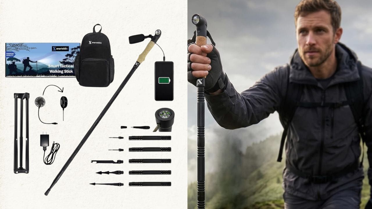 SmartStickX Collapsible Tactical Walking Stick with LED Light: Conquer Any Trail