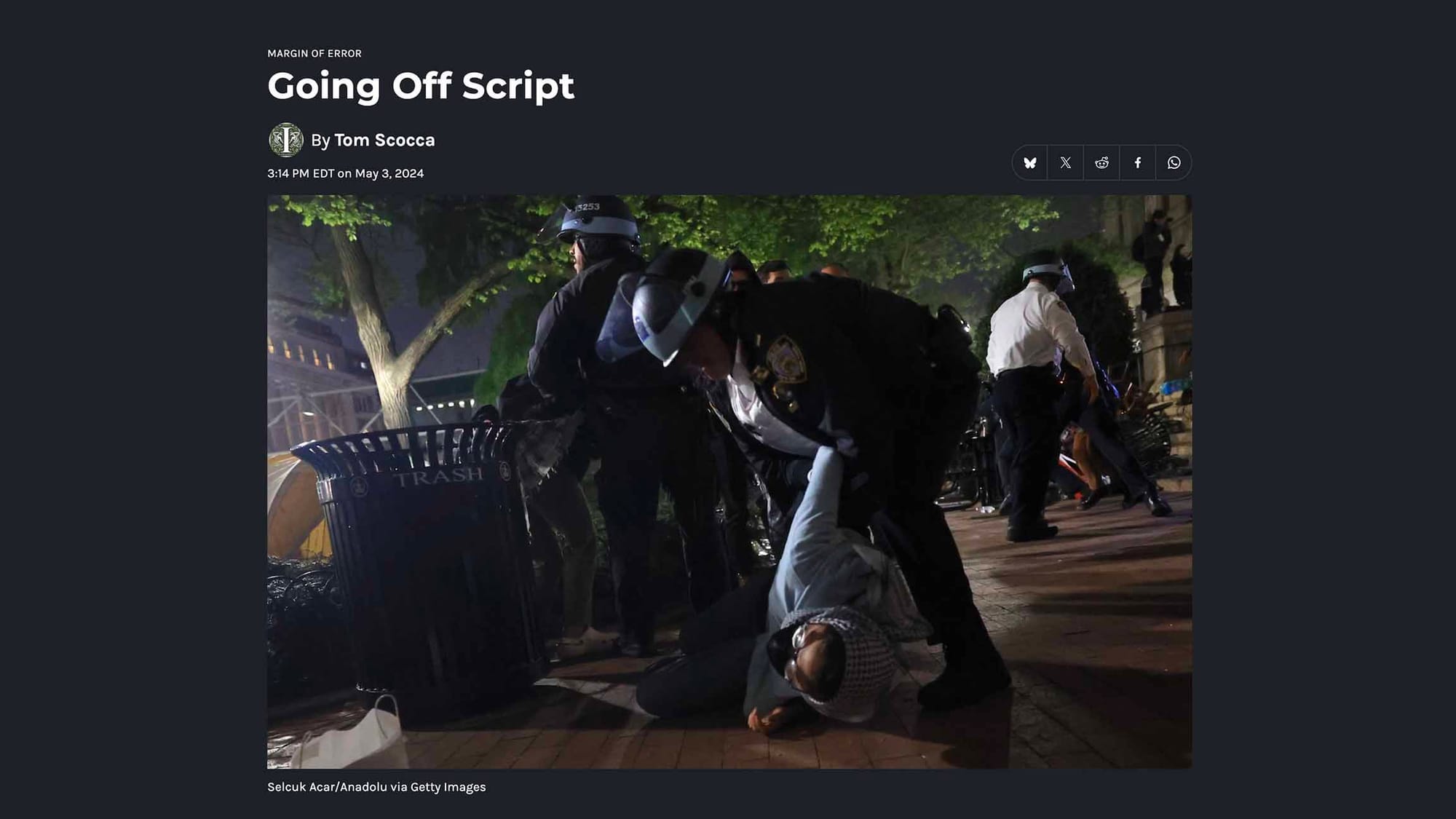 NEW YORK, UNITED STATES - APRIL 30: New York Police Department officers enter the Columbia University building and detain pro-Palestinian demonstrators as they had barricaded themselves to iconic Hamilton Hall building in New York, United States on April 30, 2024. The building was cleared of demonstrators about two hours after the operation began, and over 100 people were taken into custody, according to multiple reports. (Photo by Selcuk Acar/Anadolu via Getty Images)