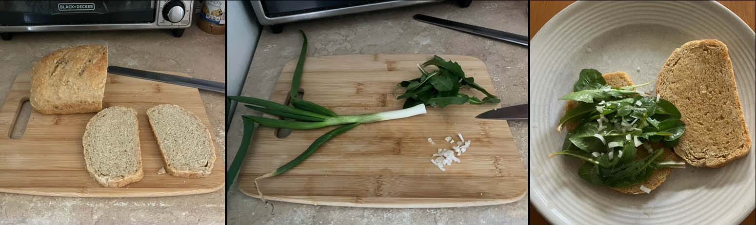 Thre images, the loaf of bread and slices, the greens on a cutting board, and the completed sandwich displayed open-faced