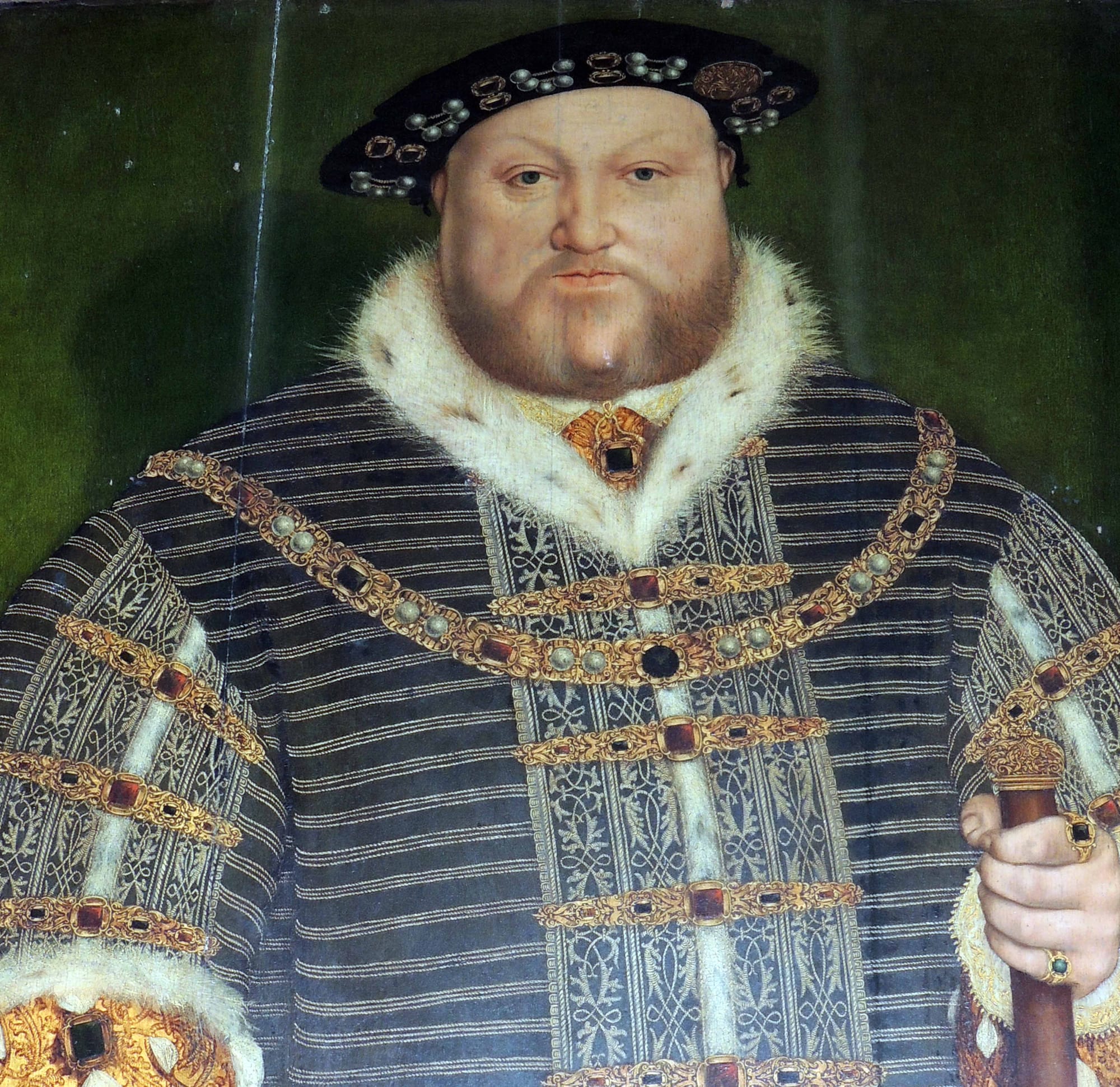 The most king-looking of our presentation, in a heavily bejeweled royal robe trimmed with fur, hand upon a royal staff, Henry does not look like fun.
