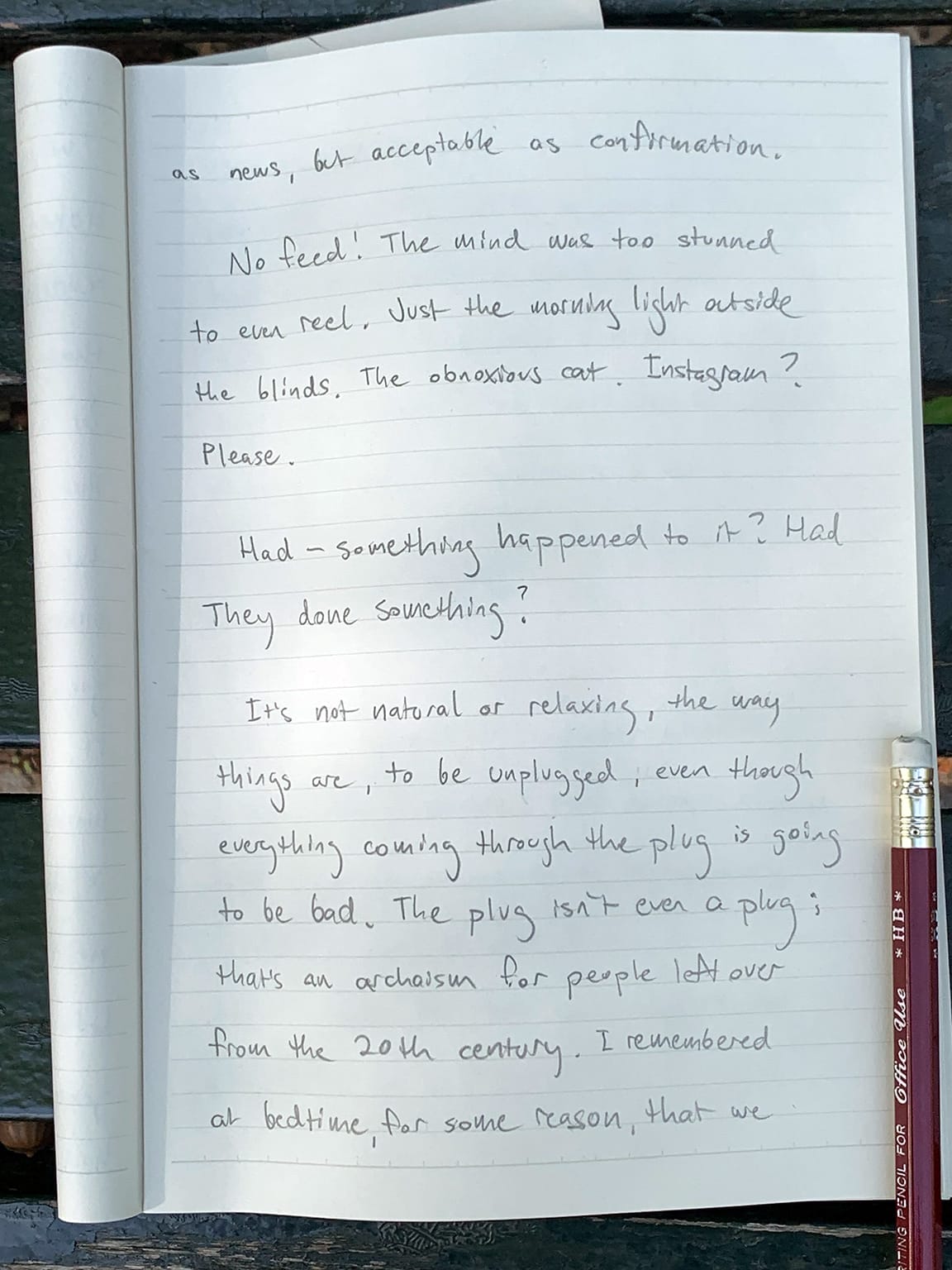 Photograph of notebook page with writing in pencil, with a pencil resting on the lower right corner of the page:   as news, but acceptable as confirmation.   No feed! The mind was too stunned to even reel. Just the morning light outside the blinds. The obnoxious cat. Instagram? Please. Had—something happened to it? Had They done something?   It's not natural or relaxing, the way things are, to be unplugged, even though everything coming through the plug is going to be bad. The plug isn't even a plug: that's an archaism for people left over from the 20th century. I remembered at bedtime, for some reason, that we