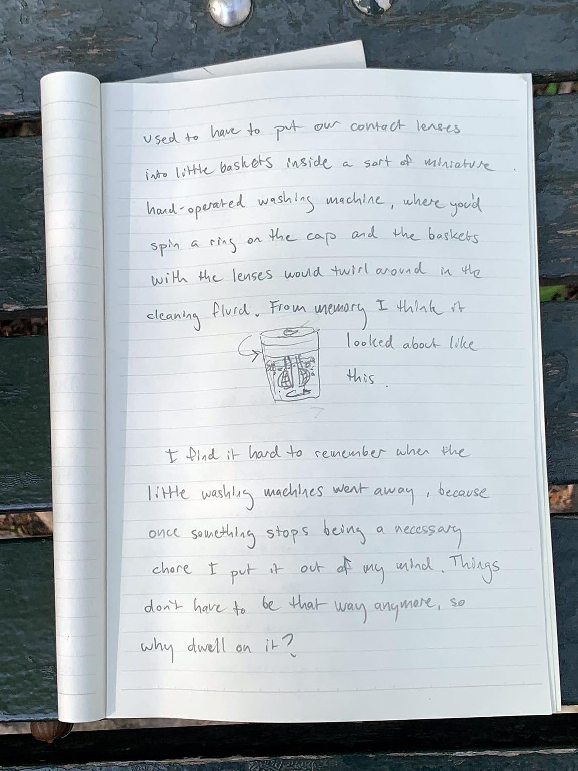 Photo of notebook page with writing in pencil:   used to have to put our contact lenses into little baskets inside a sort of miniature hard-operated washing machine, where you' spin a ring on the cap and the baskets with the lenses would twirl around in the cleaning fluid. From memory I think it looked about like this. [Pencil sketch of contact-lens washing device.] I find it hard to remember when the little washing machines went away, because once something stops being a necessary chore I put it out of my mind. Things don't have to be that way anymore, so why dwell on it?